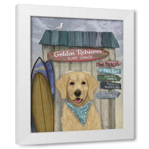 Golden Retriever Surf Shack White Modern Wood Framed Art Print by Fab Funky
