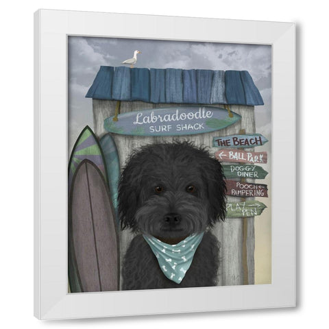 Labradoodle, Black, Surf Shack White Modern Wood Framed Art Print by Fab Funky