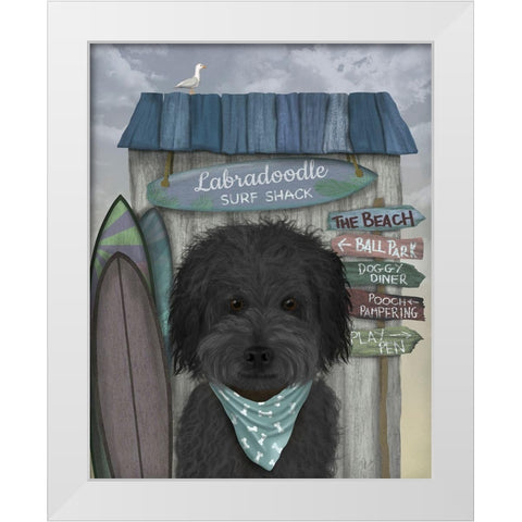 Labradoodle, Black, Surf Shack White Modern Wood Framed Art Print by Fab Funky