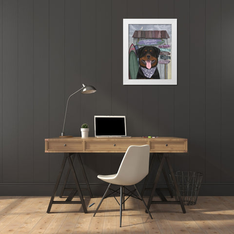 Rottweiller Surf Shack White Modern Wood Framed Art Print by Fab Funky