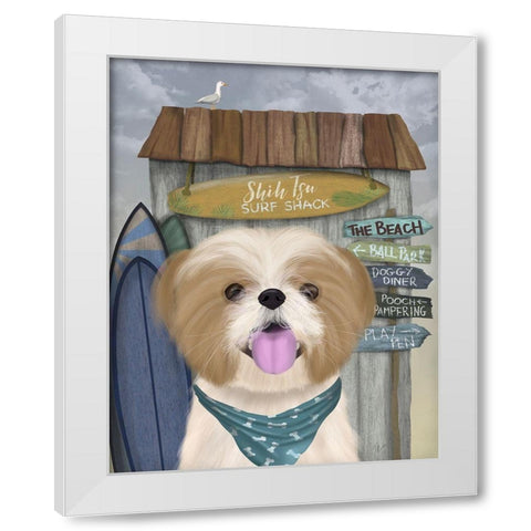 Shih Tsu Surf Shack White Modern Wood Framed Art Print by Fab Funky