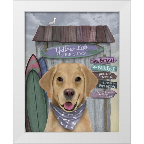 Yellow Labrador Surf Shack White Modern Wood Framed Art Print by Fab Funky