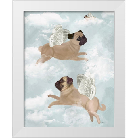 Flying Pugs White Modern Wood Framed Art Print by Fab Funky
