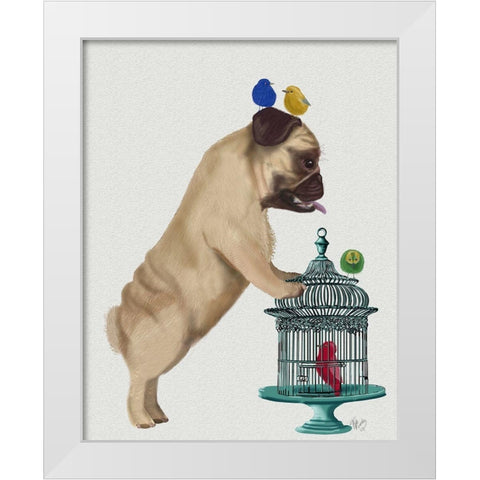 Pug and Birdcage White Modern Wood Framed Art Print by Fab Funky