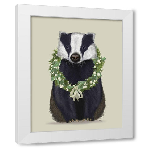 Christmas Badger and Sage Wreath White Modern Wood Framed Art Print by Fab Funky