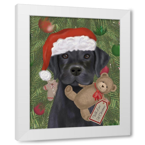 Christmas Black Labrador and Teddy White Modern Wood Framed Art Print by Fab Funky