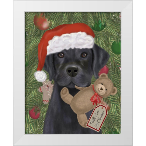 Christmas Black Labrador and Teddy White Modern Wood Framed Art Print by Fab Funky