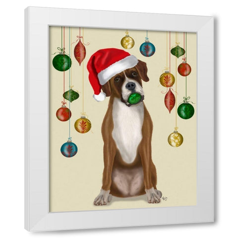 Christmas Boxer and Bauble Ball White Modern Wood Framed Art Print by Fab Funky