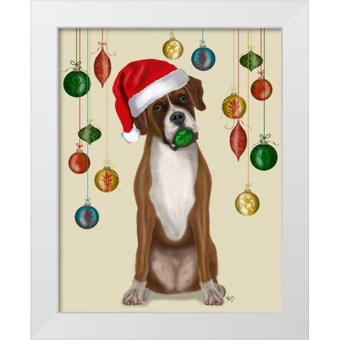 Christmas Boxer and Bauble Ball White Modern Wood Framed Art Print by Fab Funky
