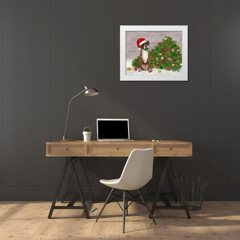 Christmas Boxer and Broken Christmas Tree White Modern Wood Framed Art Print by Fab Funky