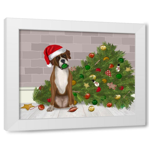 Christmas Boxer and Broken Christmas Tree White Modern Wood Framed Art Print by Fab Funky
