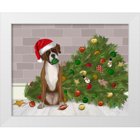 Christmas Boxer and Broken Christmas Tree White Modern Wood Framed Art Print by Fab Funky
