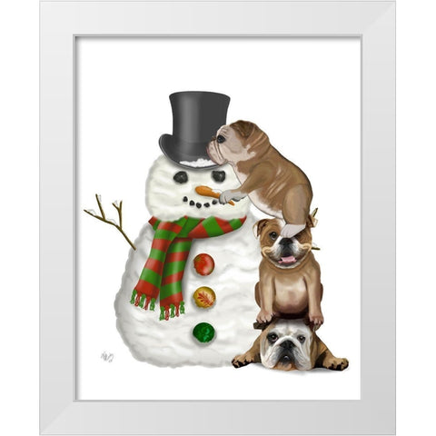 Christmas English Bulldogs Building Snowman White Modern Wood Framed Art Print by Fab Funky