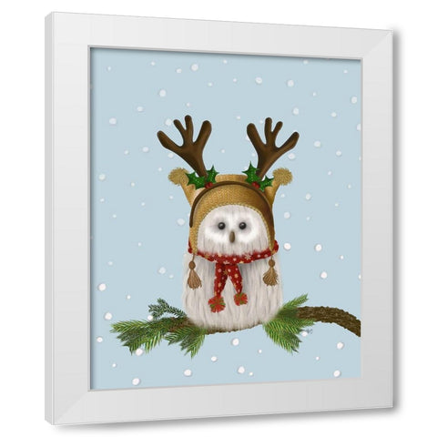 Christmas Fluffy Owl and Antlers White Modern Wood Framed Art Print by Fab Funky