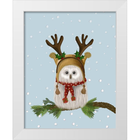 Christmas Fluffy Owl and Antlers White Modern Wood Framed Art Print by Fab Funky