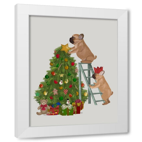 Christmas French Bulldog Tree Ladder White Modern Wood Framed Art Print by Fab Funky