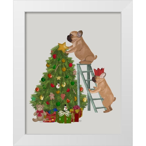 Christmas French Bulldog Tree Ladder White Modern Wood Framed Art Print by Fab Funky