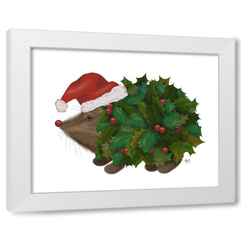 Christmas Holly Hedgehog White Modern Wood Framed Art Print by Fab Funky