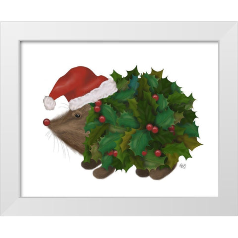 Christmas Holly Hedgehog White Modern Wood Framed Art Print by Fab Funky