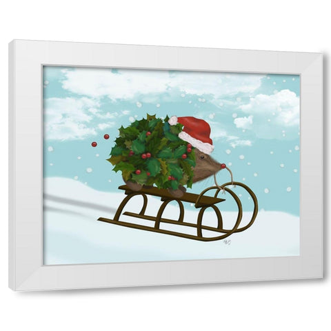 Christmas Holly Hedgehog Sledding White Modern Wood Framed Art Print by Fab Funky