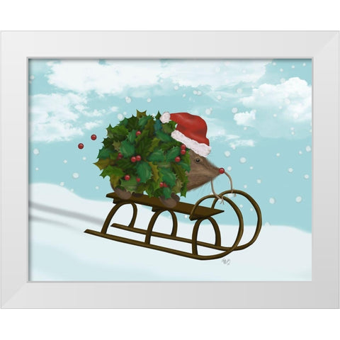 Christmas Holly Hedgehog Sledding White Modern Wood Framed Art Print by Fab Funky