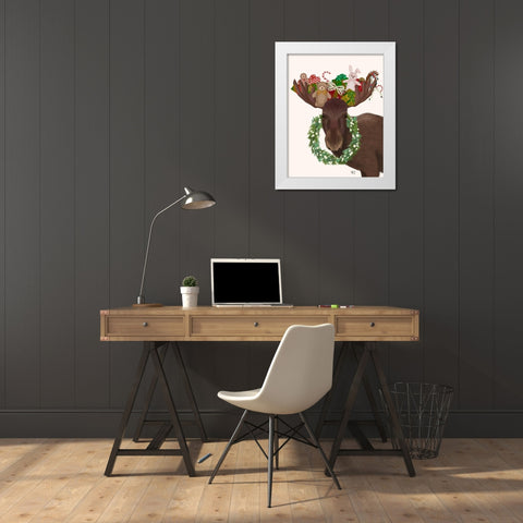 Christmas Moose and Christmas Gifts White Modern Wood Framed Art Print by Fab Funky
