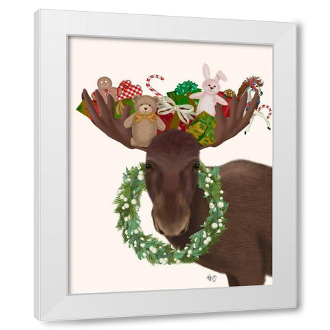 Christmas Moose and Christmas Gifts White Modern Wood Framed Art Print by Fab Funky