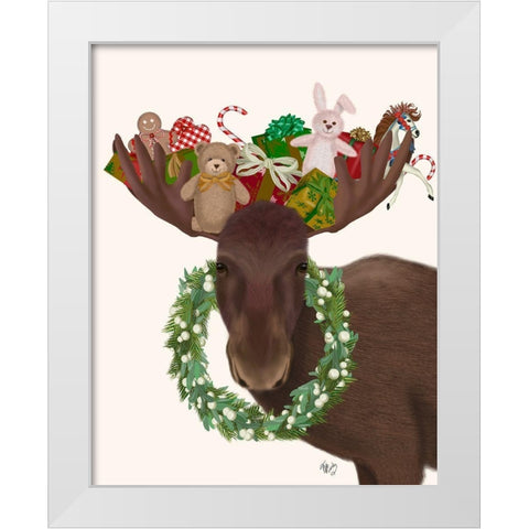 Christmas Moose and Christmas Gifts White Modern Wood Framed Art Print by Fab Funky