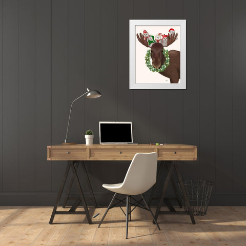 Christmas Moose and Christmas Owls White Modern Wood Framed Art Print by Fab Funky