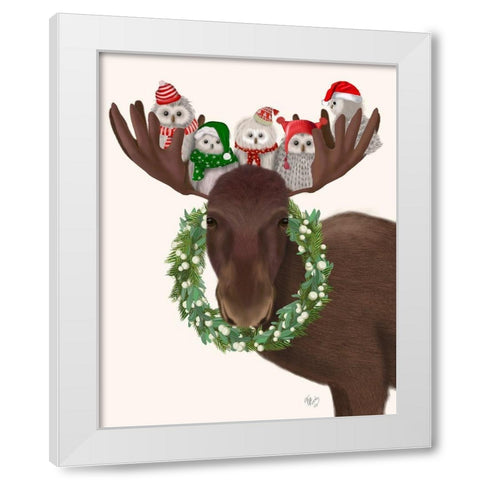 Christmas Moose and Christmas Owls White Modern Wood Framed Art Print by Fab Funky