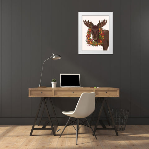 Christmas Moose and Cranberry Wreath White Modern Wood Framed Art Print by Fab Funky