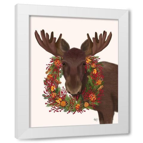 Christmas Moose and Cranberry Wreath White Modern Wood Framed Art Print by Fab Funky
