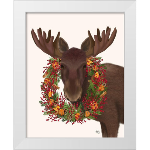 Christmas Moose and Cranberry Wreath White Modern Wood Framed Art Print by Fab Funky