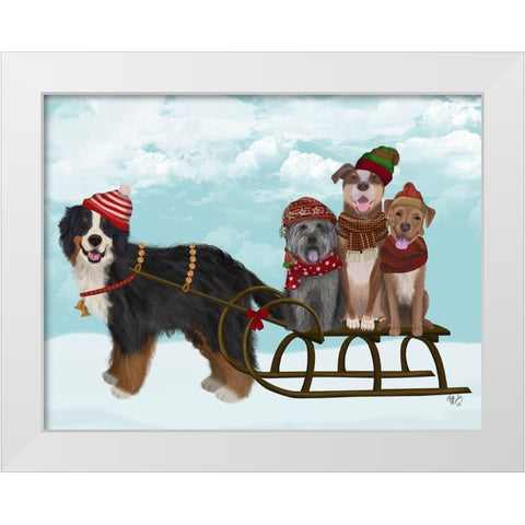 Christmas Mutt Sled White Modern Wood Framed Art Print by Fab Funky