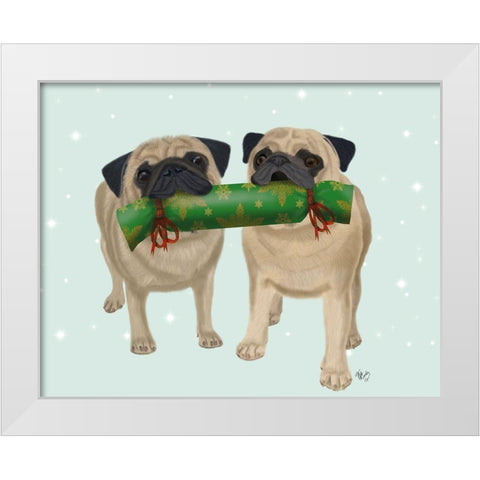 Christmas Pug Pair and Cracker White Modern Wood Framed Art Print by Fab Funky