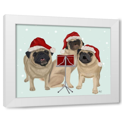 Christmas Pug Trio Carolling White Modern Wood Framed Art Print by Fab Funky