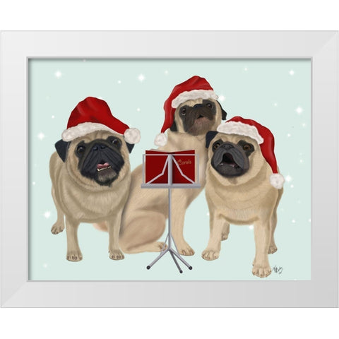 Christmas Pug Trio Carolling White Modern Wood Framed Art Print by Fab Funky