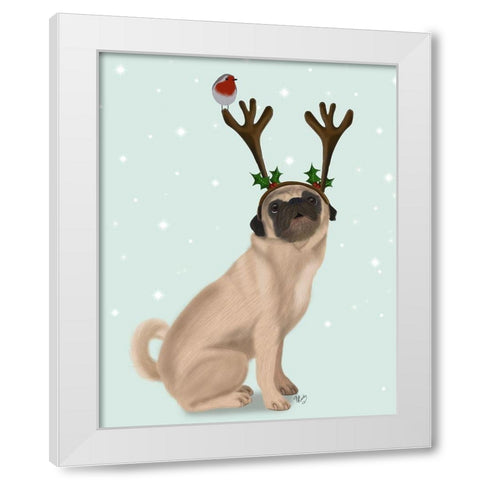 Christmas Pug with Antlers and Robin White Modern Wood Framed Art Print by Fab Funky