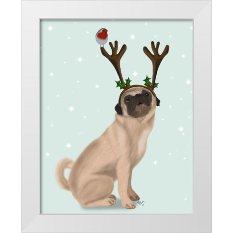 Christmas Pug with Antlers and Robin White Modern Wood Framed Art Print by Fab Funky