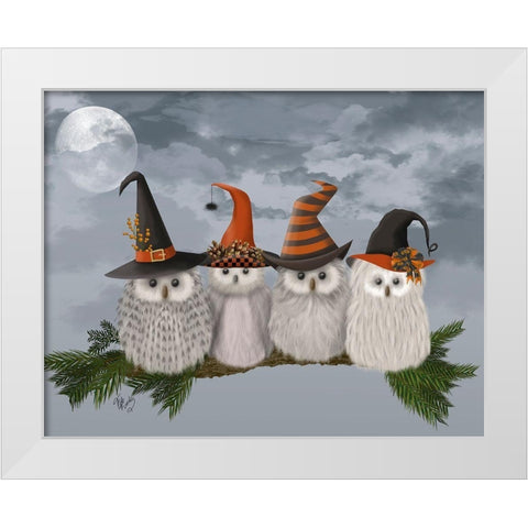 Halloween Halloween Owls on Branch White Modern Wood Framed Art Print by Fab Funky