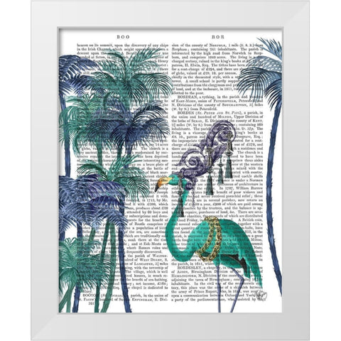 Green Flamingo Palm Trees White Modern Wood Framed Art Print by Fab Funky