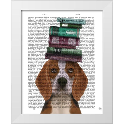 Beagle and Books White Modern Wood Framed Art Print by Fab Funky