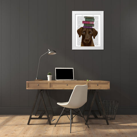 Brown Labrador and Books White Modern Wood Framed Art Print by Fab Funky