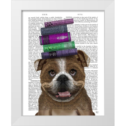 English Bulldog And Books White Modern Wood Framed Art Print by Fab Funky
