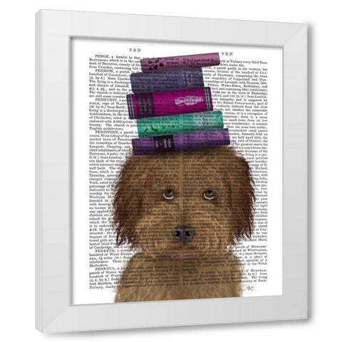 Labradoodle, Brown, and Books White Modern Wood Framed Art Print by Fab Funky