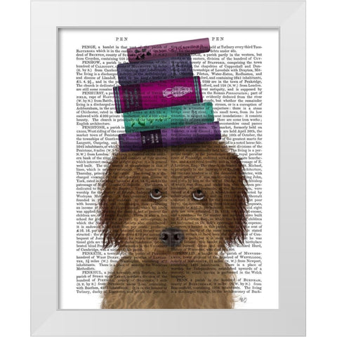 Labradoodle, Brown, and Books White Modern Wood Framed Art Print by Fab Funky