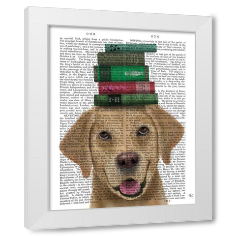 Yellow Labrador and Books White Modern Wood Framed Art Print by Fab Funky