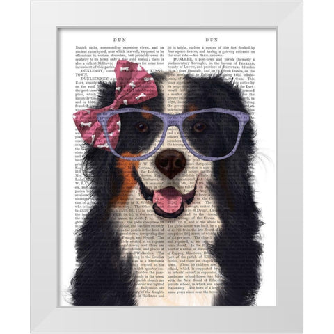 Bernese with Glasses and Bow White Modern Wood Framed Art Print by Fab Funky