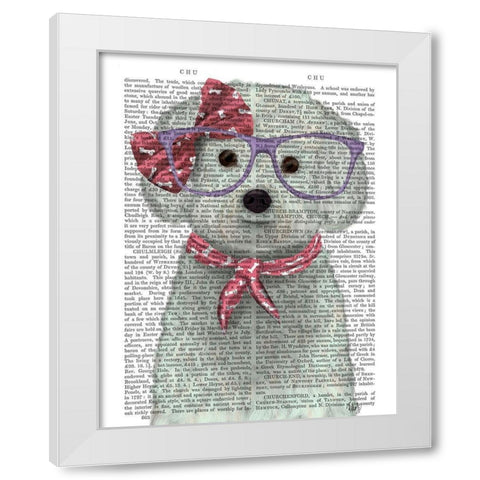 Bichon Frise with Glasses and Scarf White Modern Wood Framed Art Print by Fab Funky