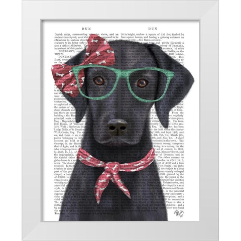 Black Labrador with Glasses and Scarf White Modern Wood Framed Art Print by Fab Funky
